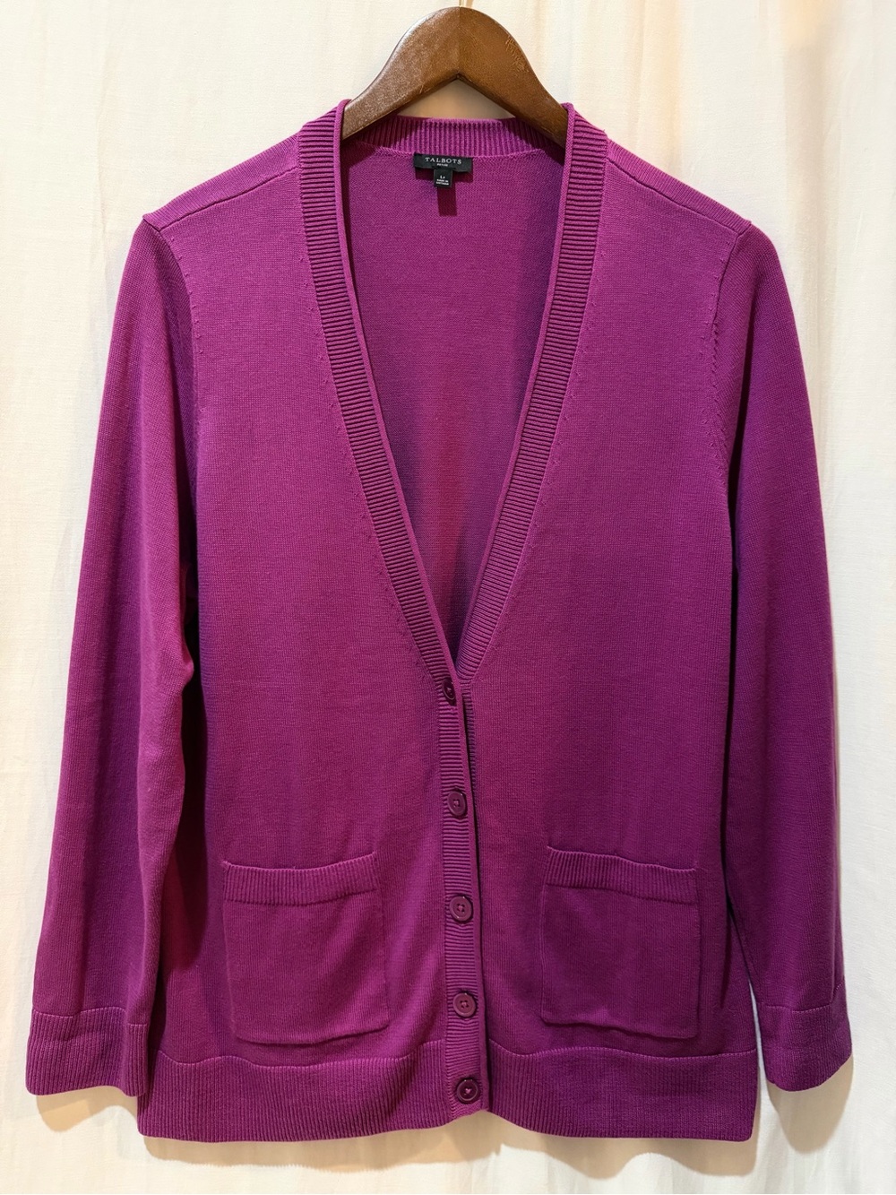Talbots Cotton Blend V Neck Button Front Cardigan Sweater w.Pockets Burgandy- Lp